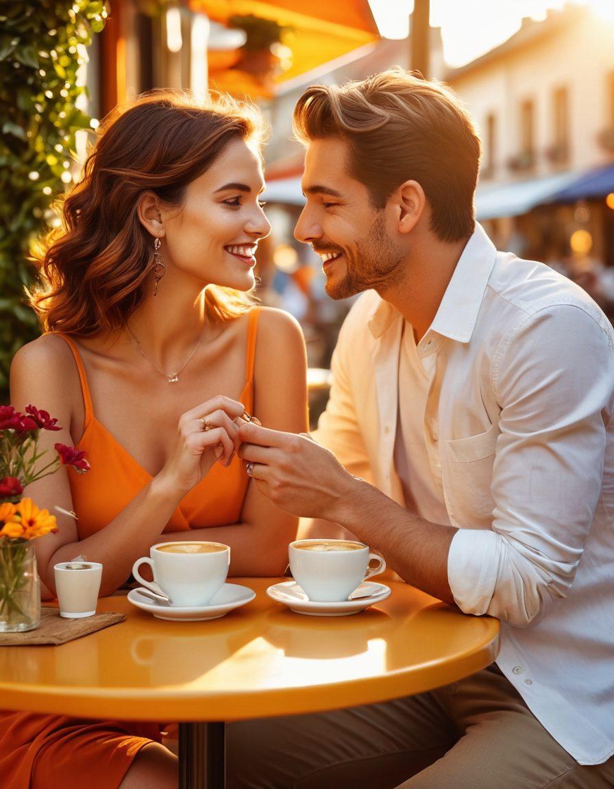 A stylish couple engaged in playful flirting at a vibrant outdoor café, showcasing warmth and connection. Include elements like a coffee cup, playful glances, and colorful flowers around them to symbolize romance. Capture an inviting atmosphere enhanced by golden sunset light. super-realistic. vibrant colors. soft focus.