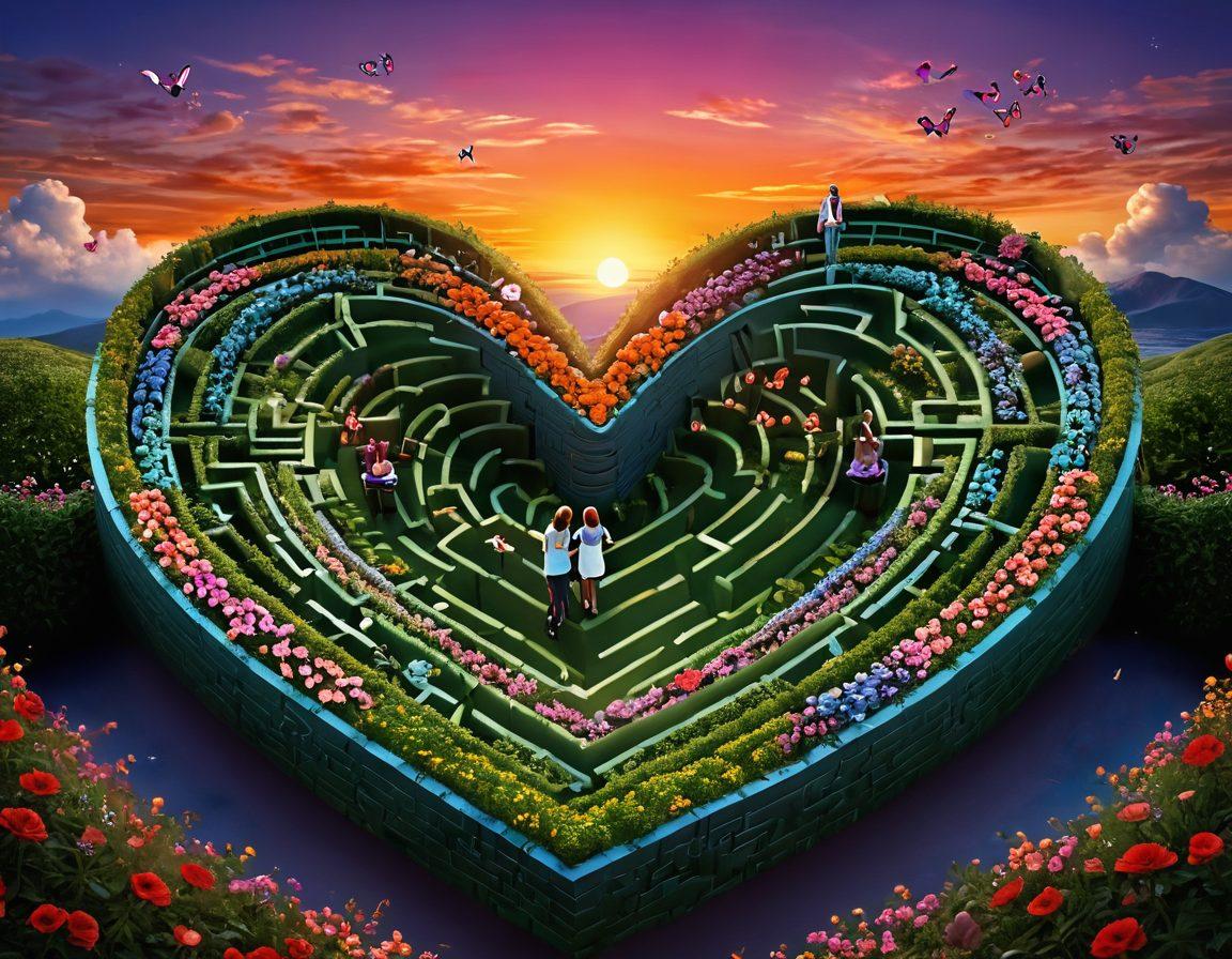 A whimsical scene depicting a couple happily navigating a heart-shaped maze filled with colorful flowers and romantic symbols like hearts and stars. The background has a sunset sky blending warm hues, symbolizing love and adventure. Add playful elements like butterflies and birds to enhance the joy of the journey. 3D. vibrant colors. fantasy style.