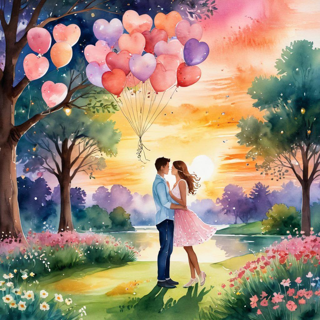 A whimsical illustration of a couple sharing a joyful moment in a romantic park setting, surrounded by blooming flowers and twinkling fairy lights, embodying the essence of love and flirtation. Include heart-shaped balloons floating around them and a soft sunset casting warm hues in the background, enhancing the theme of joyful connections. watercolor style. vibrant colors.
